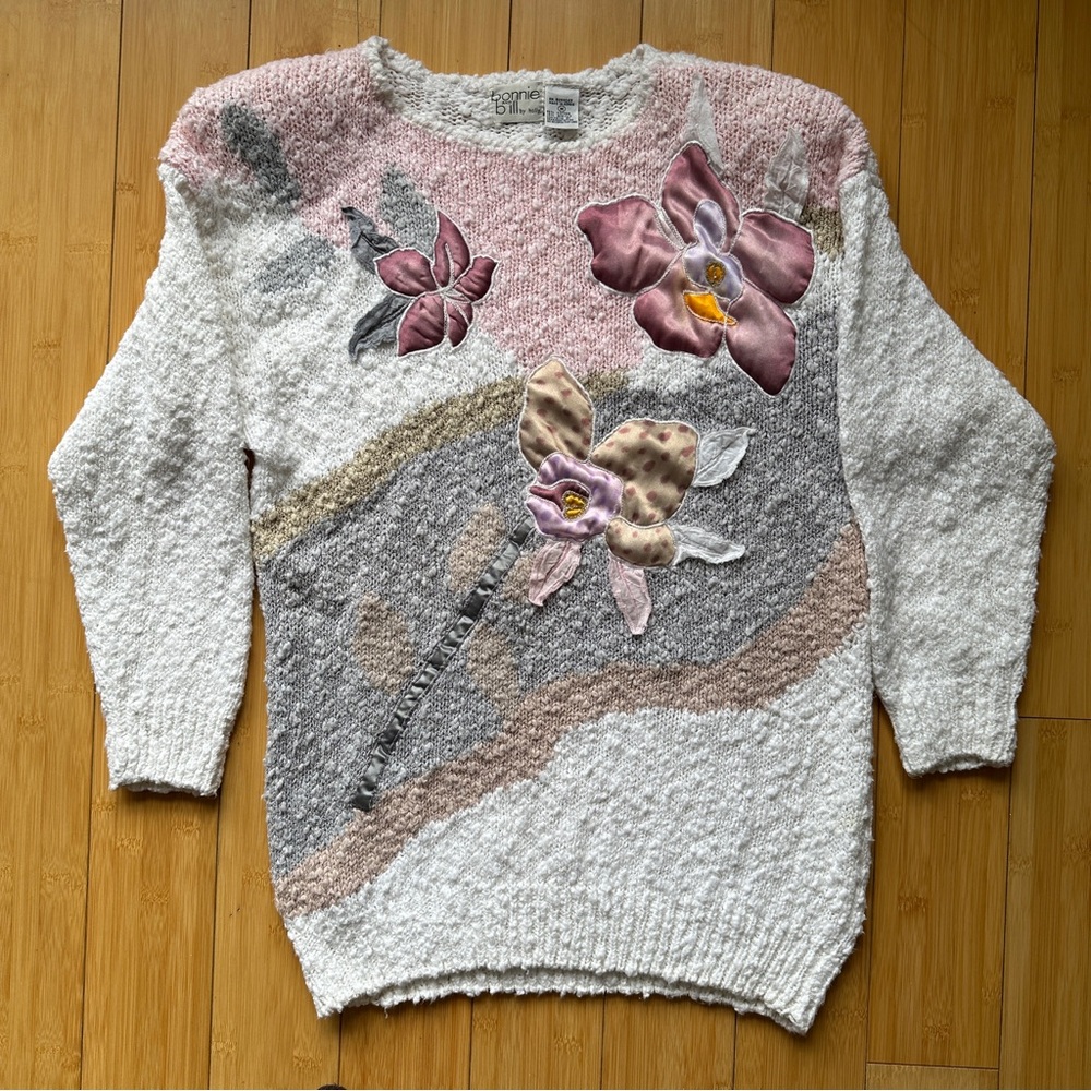 Vintage Bonnie and Bill by Holly Floral Appliqué Sweater 80s 90s Textured Knit M